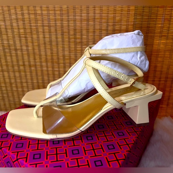 Tory Burch BLOCK T HEEL STRAPPY SANDAL Pale Yellow Size 7.5 (New in Box) $328 - Picture 4 of 11